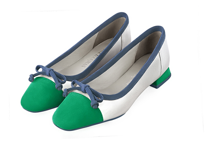 Emerald green, light silver and denim blue women's ballet pumps, with low heels. Square toe. Flat flare heels. Front view - Florence KOOIJMAN